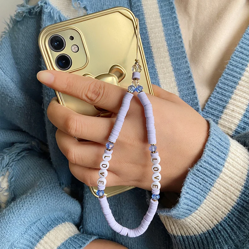 New Multicolor Mobile Phone Chain Handmade Strap Lanyard Beads Smile LOVE Letter Charm Anti-lost Cellphone Case Rope For Women 
