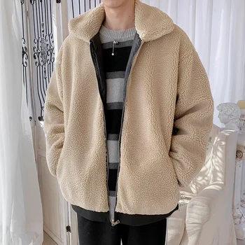 

2019 Winter New Men's Thick Solid Color Hooded Loose Version Casual Harajuku Couple Lamb Wool Coat