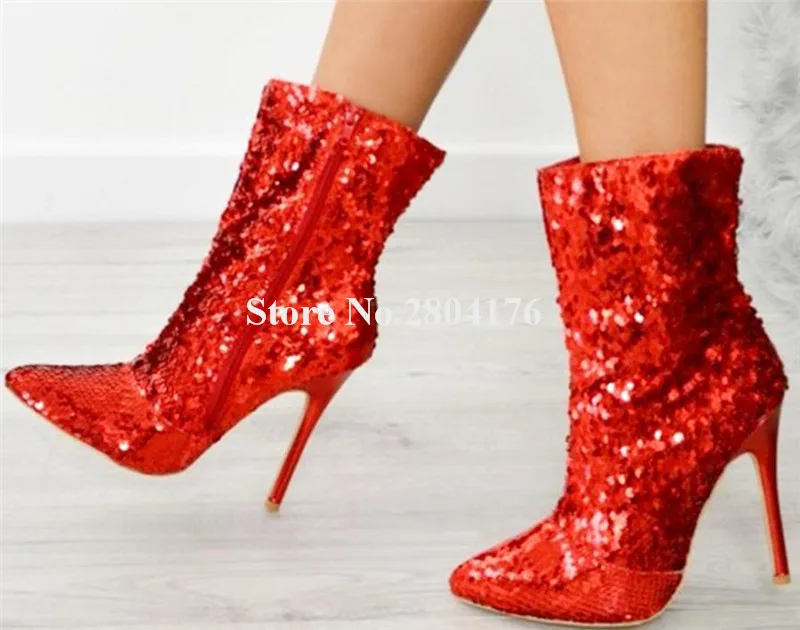 

Sexy Pointed Toe Red Sequined Stiletto Heel Short Boots Shining Zipper-up High Heel Ankle Booties Big Size Party Heels