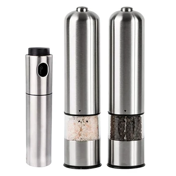 

2PCS Stainless Steel Electric Pepper Mill + 1Pc Spray Bottle, Salt and Pepper Grinder Set, Spray Bottle Dispenser