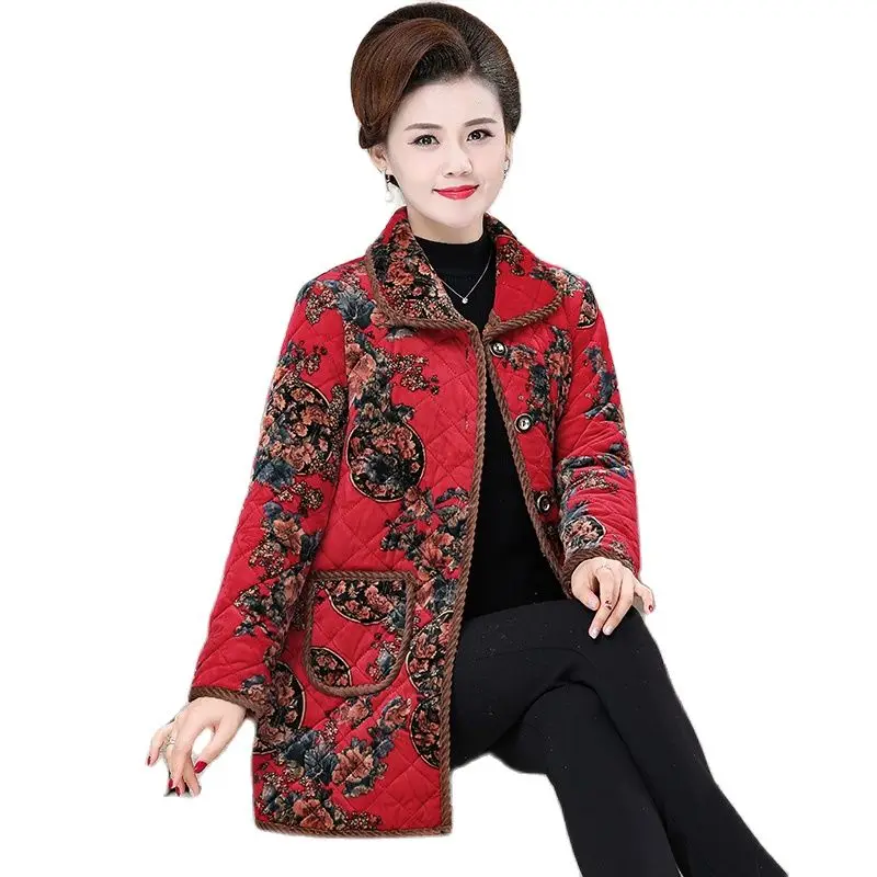 Fashion Women's Cotton Coat Autumn Winter Coats Single-breasted Plus Velvet Printed Mid-length Jacket Tops