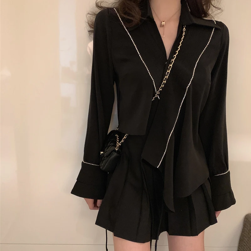 High Street Sets Women Black Asymmetrical Jacket Tops + Waist Pleated Skirt Spring Autumn New Vintage Fashion Two Piece Set |