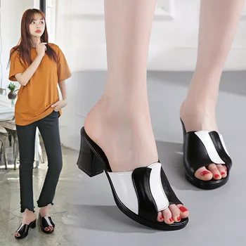 

2019 Newest Arrival Square Heels Shoes 5.5cm Fashion Party Flowers Summer Sandals Cow Leather Women Shoes Hollow Coarse Sandals