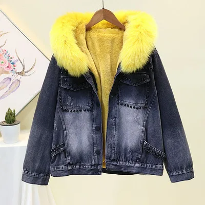 Winter Parkas Mujer Loose Warm Plus velvet Lining+ Big Fur Collar Hooded Denim Jacket Women Outwear Beading Jeans Jacket Coat - Цвет: yellow