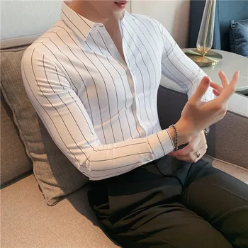 Long Sleeve Striped Shirts Men Clothing 2022 Business Formal Wear Slim Fit