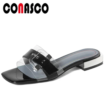 

CONASCO Fashion Concise Genuine Leather Women Sandals Peep Toe Slippers Summer 2020 New Buckle Low Heels Casual Shoes Woman