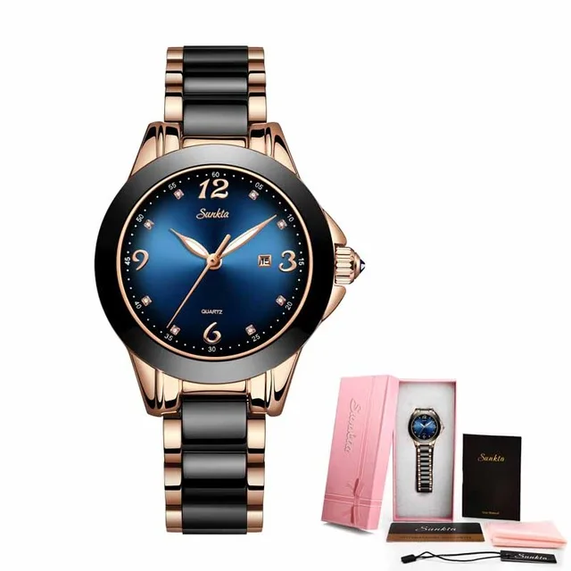SUNKTA, модные, керамические, черные, с кристаллами, с бриллиантами, часы для женщин, Лидирующий бренд, Роскошные, кварцевые, женские наручные часы, водонепроницаемые, Relogio Feminino - Цвет: blue