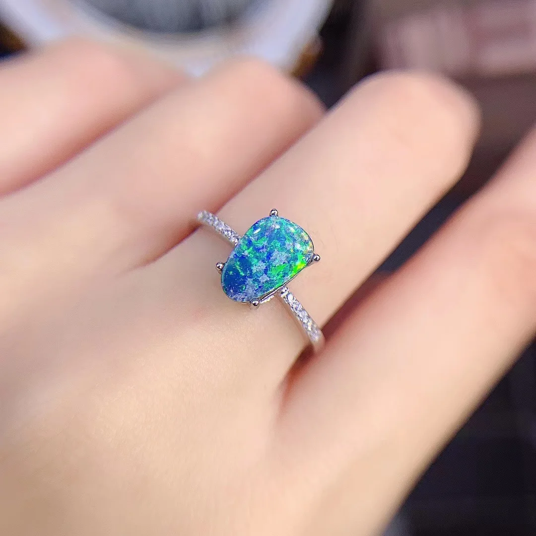 Natural Australia Blue Opal Ring 925 Sterling Silver Irregular Fire