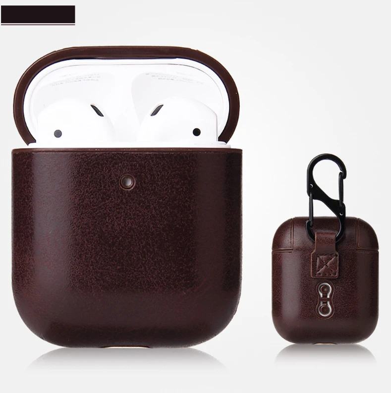 Bluetooth наушники кожаный чехол для Apple AirPods 1 2 натуральная кожа противоударный чехол кожа для Air Pods зарядная коробка с крючком - Цвет: 2