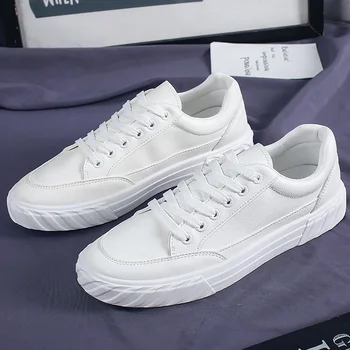 

Vulcanized shoes men white sneakers 2020 spring lace up flat casual shoes man leather sneakers unisex shoes