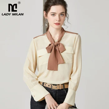 

100% Natural Silk Women's Runway Shirt Bow Collar Long Sleeves Front Pockets Back Buttons Fashion Blouse Shirt