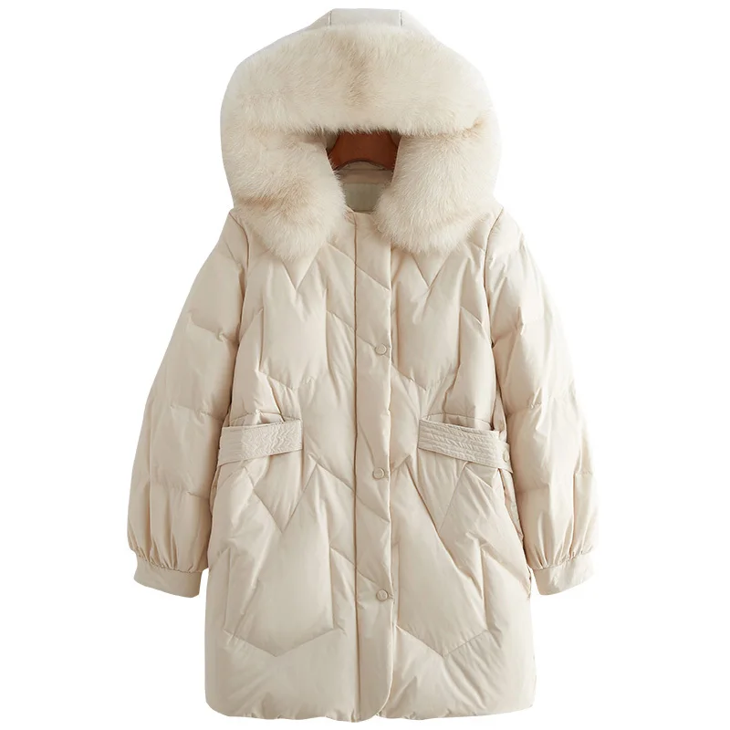 

New Fault Code Down Jackets Long Fox Hair Lead Winter Even Hat Loose Coat