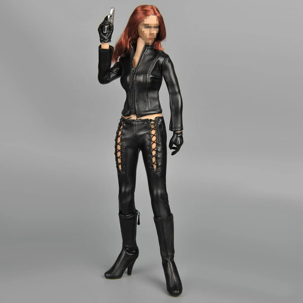 1/6 Scale Female Clothes Black Faux Black Widow Leather Jumpsuit for