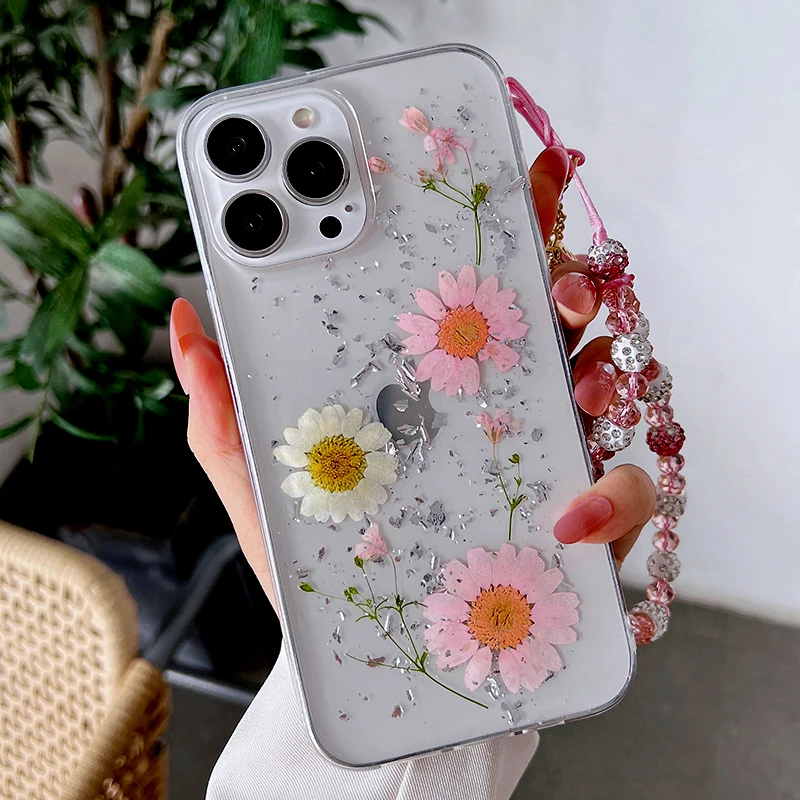 Soft Dried Real Flowers Phone Case for Iphone 13 Pro Max 12 Mini Xs 11 XR X 7 8 Plus TPU Covers With Lady Pendant Bracelet Funda iphone 13 mini mobile phone cases