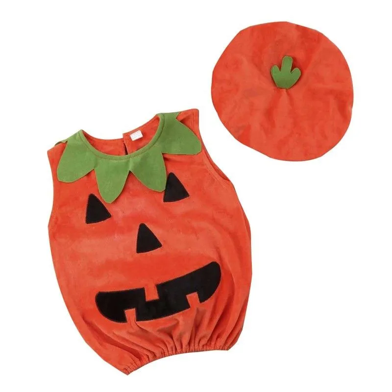 2PCS Halloween Costumes Toddler Baby Boys Girls Romper Pumpkin Sleeveless Jumpsuit Hat Outfit Baby Clothes 0-3Years