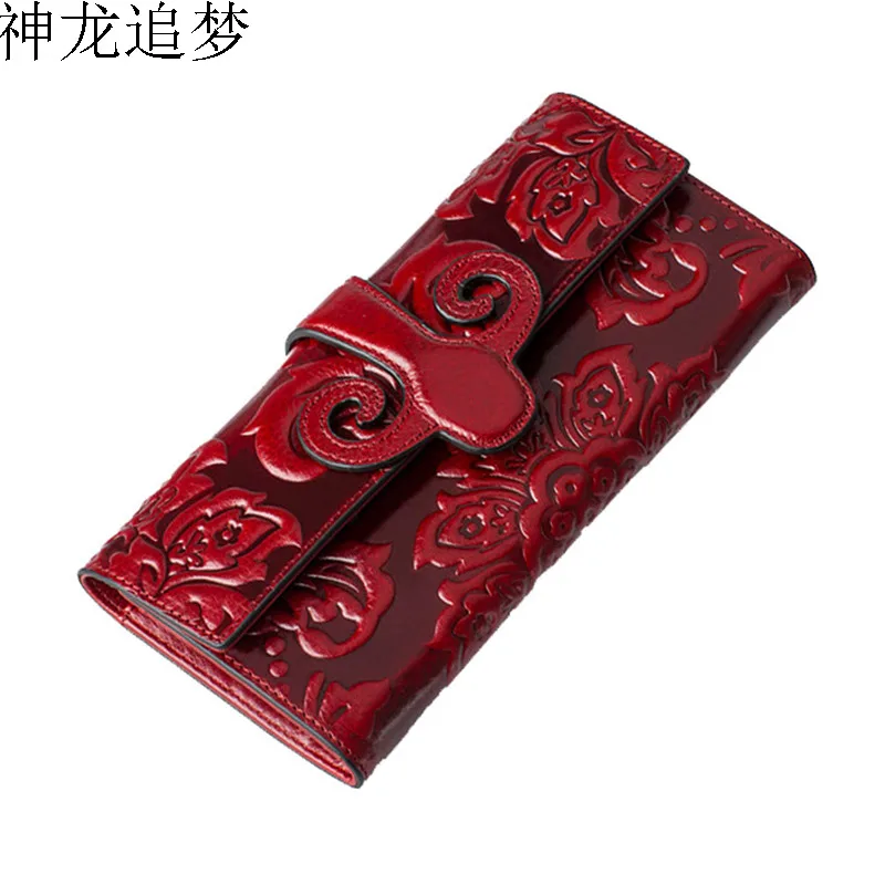 

Famous Brand design Vintage Genuine Leather Purse European Fashion Female day clutch bag Embossing Flower Women Hasp Wallet