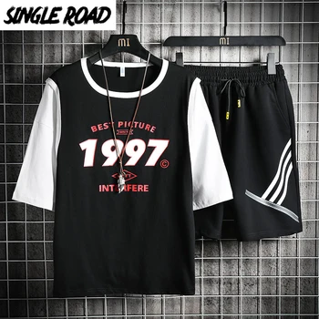 

SingleRoad Men's Tracksuit Men Clothing 2020 Black Patchwork Punk Streetwear T-shirt Shorts Sportswear Hip Hop 2 Pieces Set Male