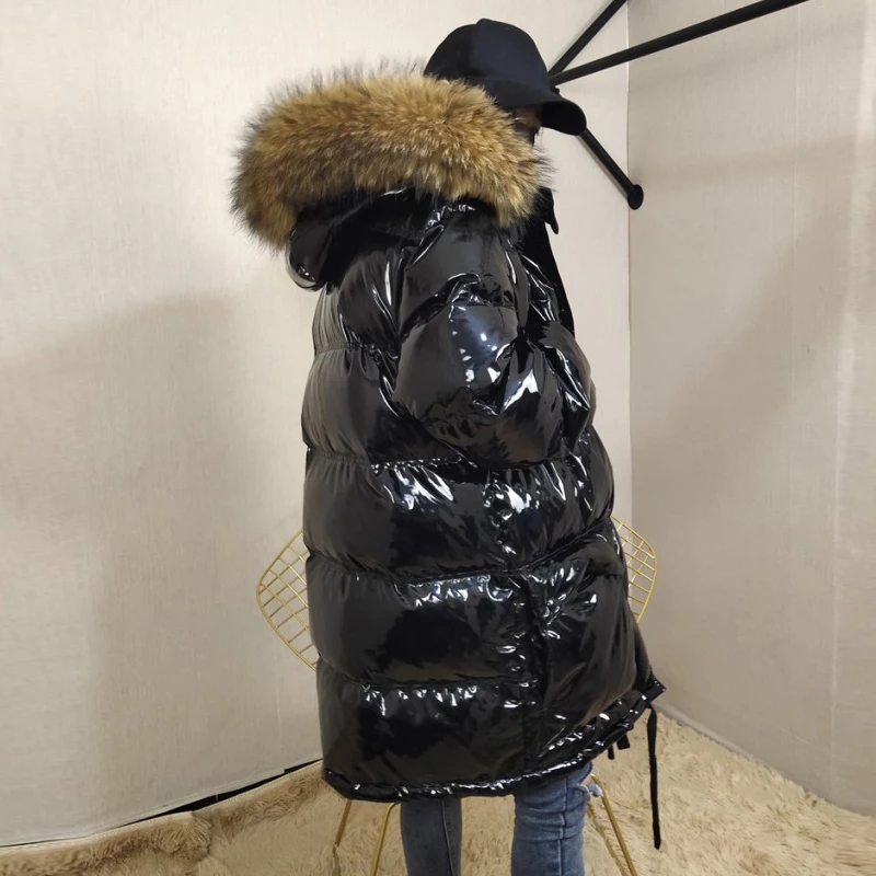 

White Duck Down Jacket Women Winter Thicken Warm Natural Raccoon Fur Collar Hooded Coats Female Bright Leather Parka Outerwear