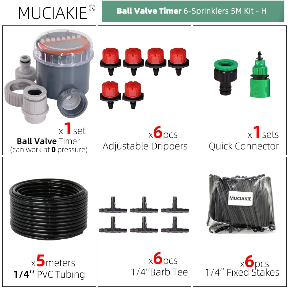 MUCIAKIE 5-50 Meters Ball Valve Timer Garden Watering System Irrigation Drip Kits Automatic Spray for Plants Adjustable Nozzles 