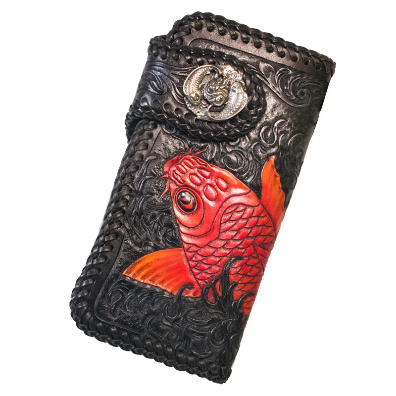 

Handmade Knitting Women Card Holder Red Carp Wallets Purses Clutch Vegetable Tanned Leather Black Bag