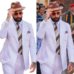 Costume Homme 2 Piece White Men Suits Modern Style Custom Made Stripe Blazer Casual Prom Formal Business Double Breasted Coat