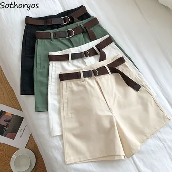 

Shorts Women Summer Sashes Solid Casual All-match High-waist Pockets Simple Stylish Korean Style Wide-leg Streetwear Womens Chic