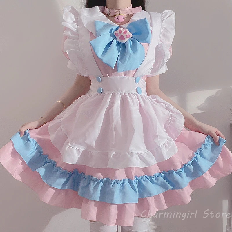 Plus Size 5XL Women Maid Outfit Cosplay Anime Lolita Costume Cute Cat Pink Blue Lace Trim Apron Cat Paw Lolita Dresses Full Set