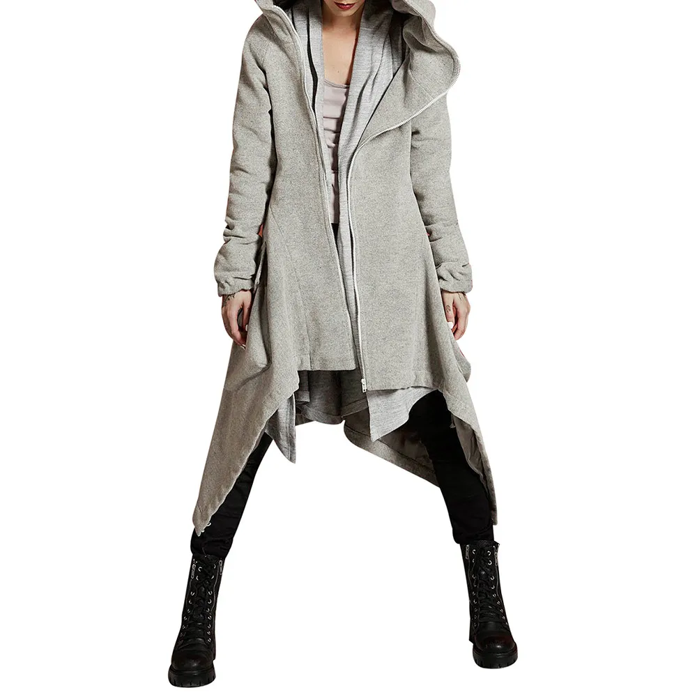 Jaycosin Fashion Women Winter Warm Zipper Asymmetric Solid Hoodie Coat Stylish Long Sleeve Comfortable Soft Coat Overcoat 23#4
