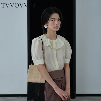 

TVVOVVIN 2020 Summer New Solid Rufled Collar Shirt Short Sleeve Sing-breasted Lantern Sleeve Fashion Female B397