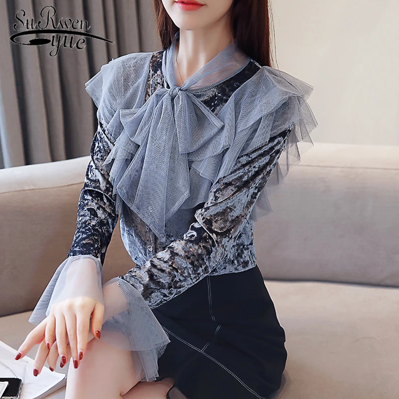 

New Fashion 2019 Chiffon Lace Women Tops Casual Women Clothing Long Sleeve Bow Ruffles Mesh Spliced Autumn Women Blouses 5580 50