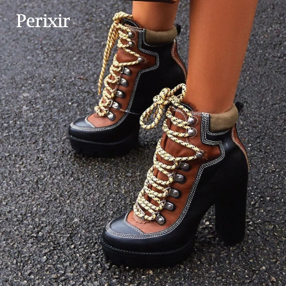 

Spring Autumn New Fashion Platform Ankle Boots Women 12cm Thick Heel Platform Boots Ladies Worker Boots Black Brown Shoes