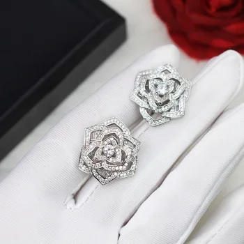 

925 Sterling silver Elegant Full Crystal Zircon Camellia Earrings Romantic Hollow Rose Flower Earrings wedding party jewelry