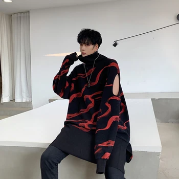 

New Men Autumn Winter Turtleneck Loose Casual Long Sleeve Hole Print Pullover Hoodie Male Streetwear Hip Hop Long Sweatshirt