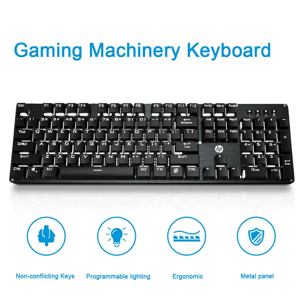 Hp GK100 Механическая игровая клавиатура с подсветкой, синий, красный переключатель, 104 клавиш, металлический цветной светодиодный компьютер с подсветкой, Проводная клавиатура для геймера