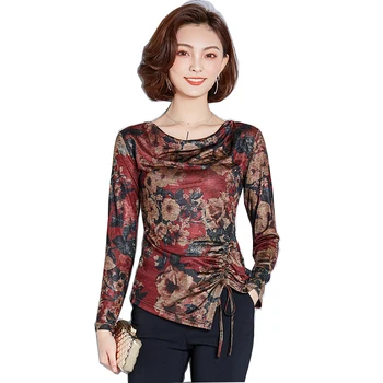 

Oversize 4xl Printed Women Blouse 2020 Summer New O-Neck Long-Sleeved Pleated Irregular Female Pulls Outwear Tops