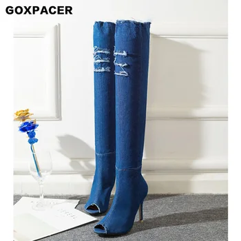 

GOXPACER 2019 Autumn Cowboy High-heeled Night Club Children's Shoes with Knee Fish Mouth Boots Women's Boots Women's Shoes Trend