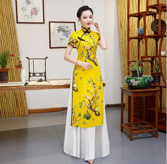 Желтый плюс размер 5XL Китайский традиционный Женский Aodai Qipao с цветочным принтом винтажный Чонсам Новинка китайское торжественное платье - Цвет: yellow A