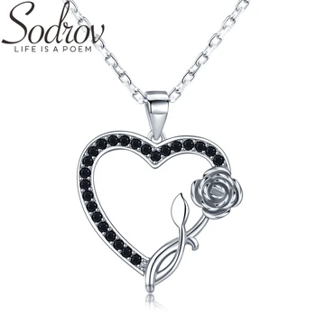 

SODROV Romantic 925 Sterling Silver Jewelry Heart Necklace for Women Black Spine Female Rose Lovers Gift K008