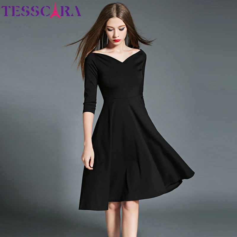 

TESSCARA Women Autumn Elegant Dress Female High Quality Fashion Black A-Line Retro Robe Femme Vintage Sexy Designer Vestidos
