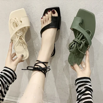 

Flat Sandal Shoe Cross-shoes Sandals Straps 2020 Summer Women's Low Shoes Flip Flops Platform Suit Female Beige Flower Lace Up