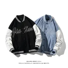 M-5XL Japanese white background stitching contrast printing casual loose trend couple baseball uniform jacket jacket