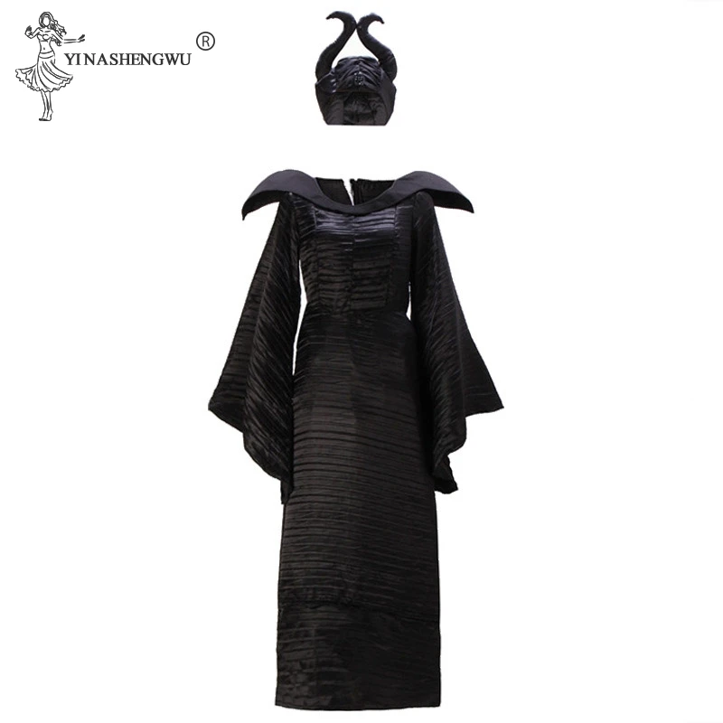 M-xl плюс размер Хэллоуин малифисента для косплея костюмы женщина страшный ужас комплект одежды с рогами Черная Королева одежда ведьмы 5 размер
