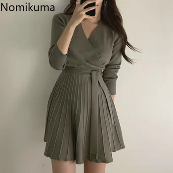 

Nomikuma Vintage V Neck Long Sleeve Bandage Dress Women Solid Color Slim Waist Knitted Dresses Female Korean Fashion New 3a635