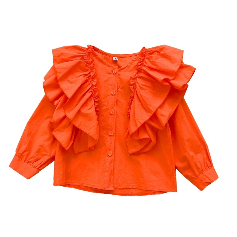 Топ, модная коллекция года, милые кружевные рубашки с оборками для маленьких девочек весенне-Осенняя детская рубашка для девочек, блузки, детская одежда - Цвет: Оранжевый