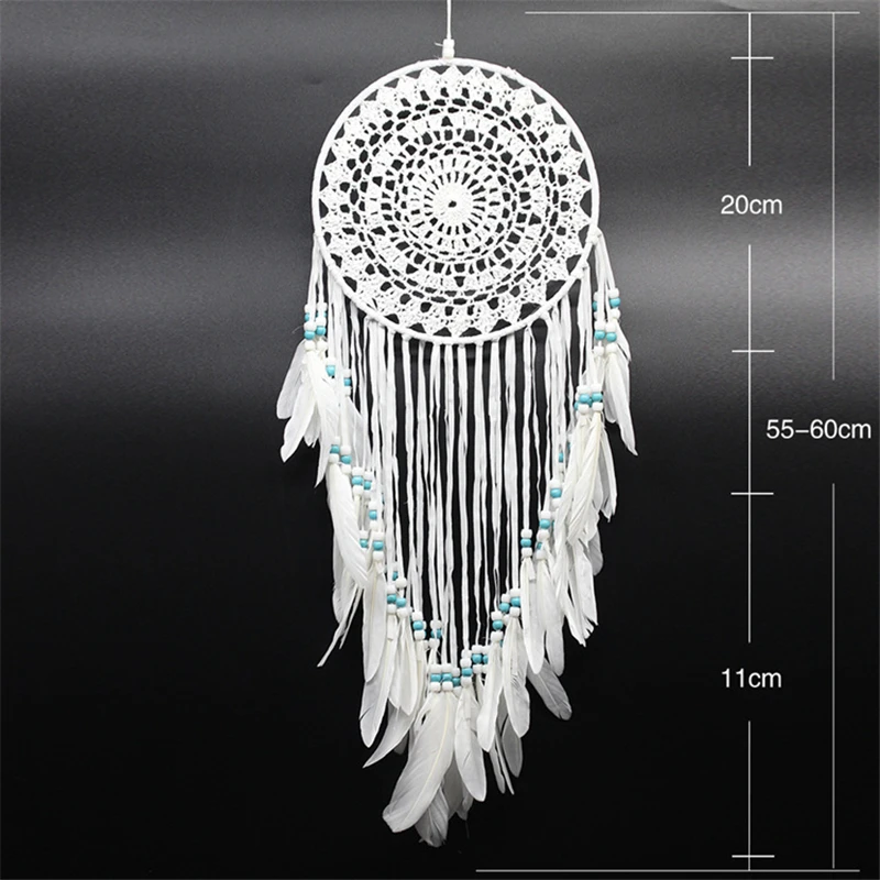 Atrapasueños grande con flecos blancos de encaje, colgante con diseño de plumas, decoración colgante para el hogar, 1 unidad