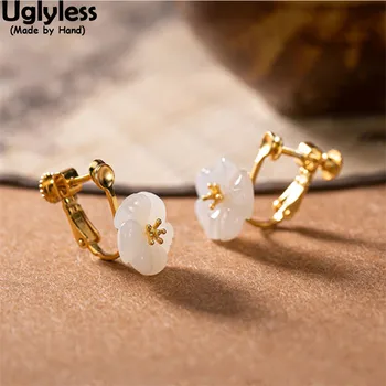 

Uglyless Rare Ear Clips for NONE ear holes Natural Jade Flowers Earrings 925 Silver Ear Sticks Plum Blossom Brincos for Women
