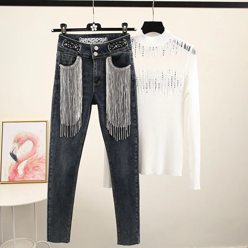 

Diamond Tassel Chain Denim Pants Women's 2020 New Two-Button High-Waist Slim-Fit Stretch Denim Pants Ladies Streetwear Jean