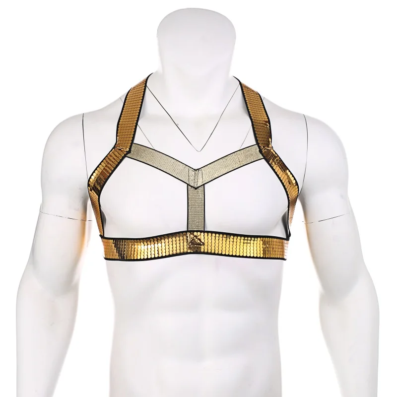 Men Golden Shiny Elastic Body Chest Lingerie Harness Male Strap Zentai