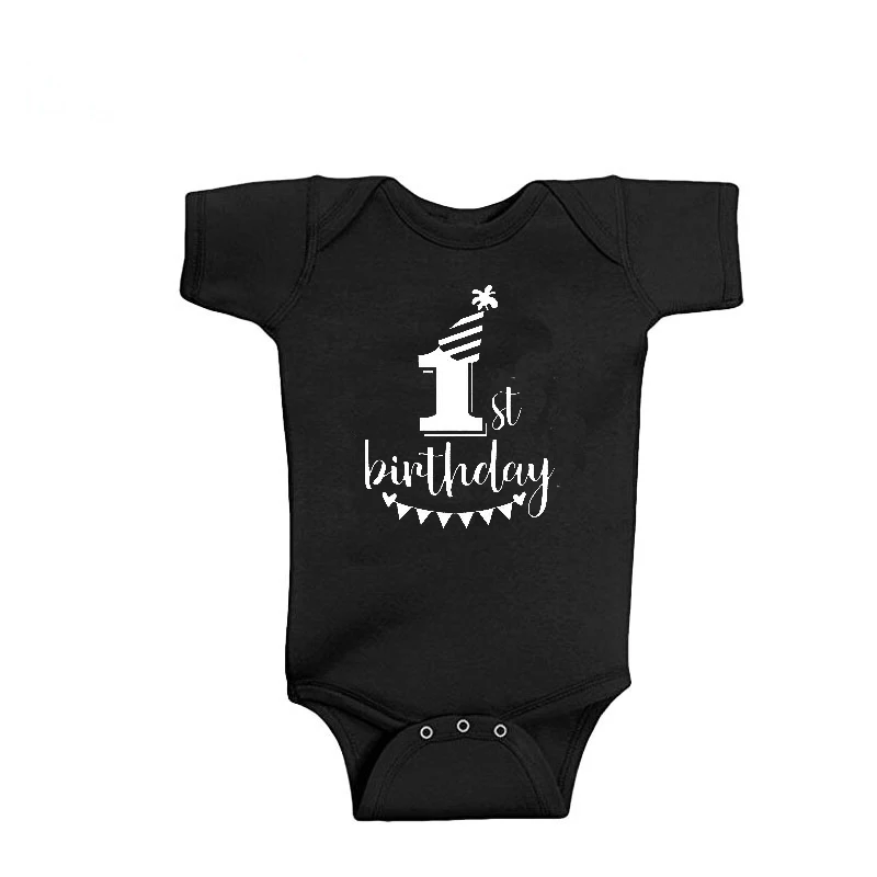 My First Birthday Baby Rompers Newborn Cotton Short Sleeve Jumpsuit Toddler Girls Boys Summer Clothes 0-24M - Цвет: Black