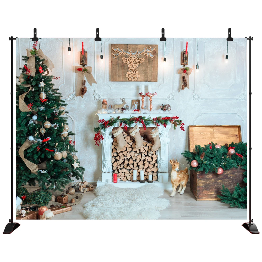 

Christmas Photography Backdrop for Party Fireplace Christmas Tree Vinyl Background Photo Studio Prop
